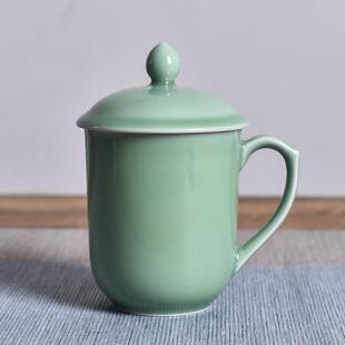 青瓷茶具茶杯带盖子会议杯定制茶馆酒店专用礼品杯梅子青女士杯刻