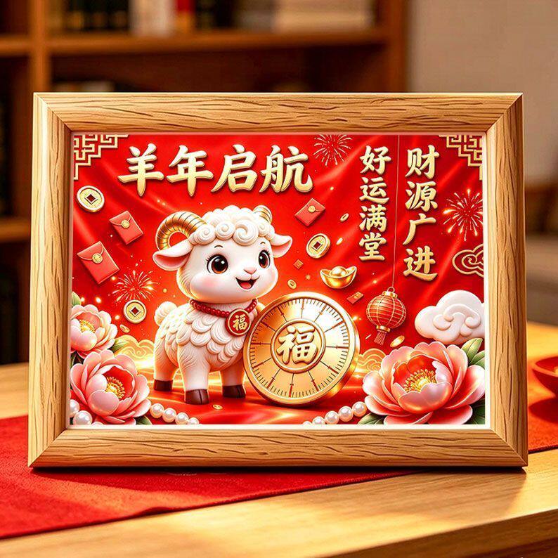 三阳开泰羊年招财玻璃相框摆台