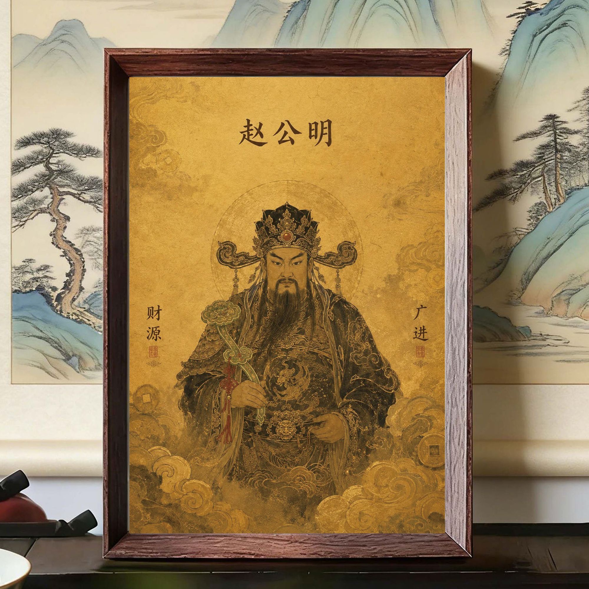 招财进宝财神画像相框摆件