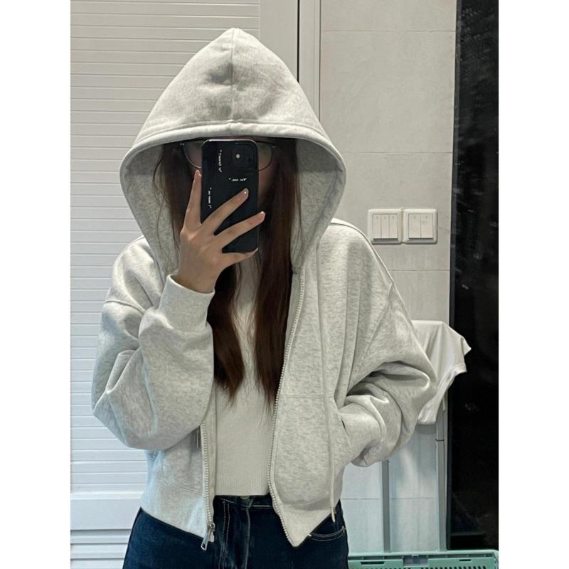 外贸灰色短款长袖卫衣外套女春秋新款小众连帽拉链开衫上衣