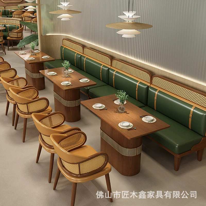 厅实木藤编卡座沙发主题餐厅茶餐厅火锅店商用咖啡厅桌椅简约现代