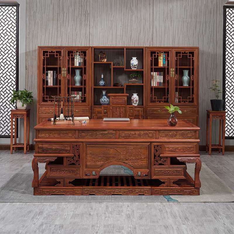 实木办公桌中式书房家具仿古电脑书桌椅组合书法写字台榆木老板桌