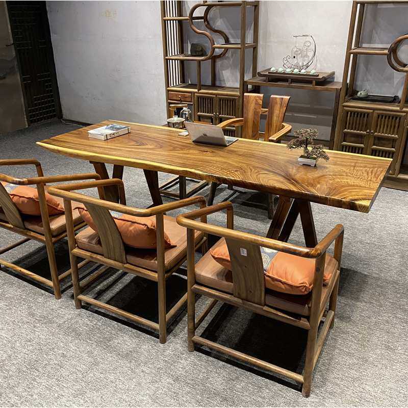 胡桃木原木大板老板桌办公桌实木整块茶桌简约现代会议桌家用餐桌