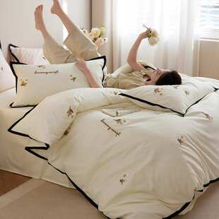 100S高支全棉长绒棉四件套 白色少女心毛巾绣雏菊花纯棉床上用品