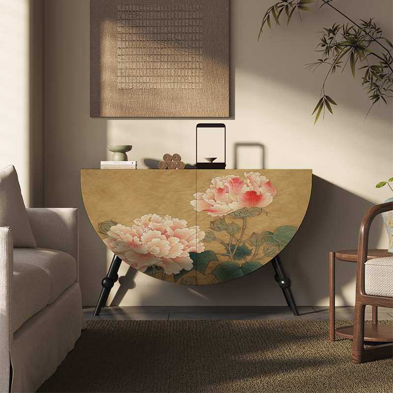 新中式复古牡丹实木半圆客厅玄关柜中古风餐边柜装饰柜入户玄关柜,鲜花速递/花卉仿真/绿植园艺,割草机/草坪机,淘宝优惠券,粉丝福利购,淘宝优惠卷