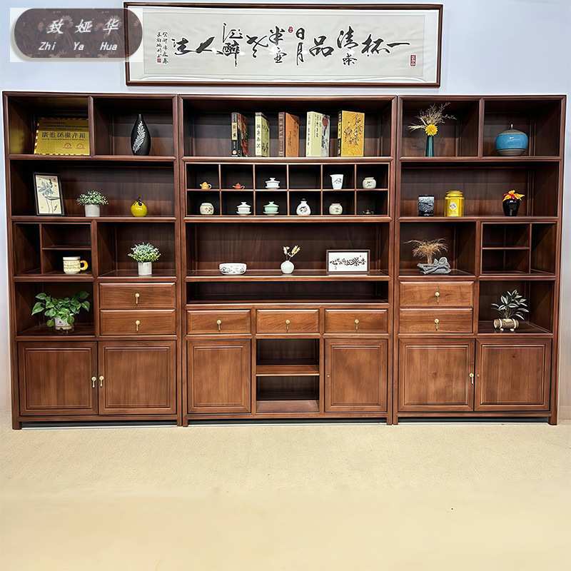 客厅置物架摆件收纳柜茶室家具新中式博古架实木书柜梨花木展示柜
