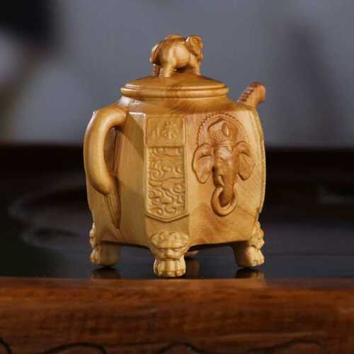 小叶黄杨木象壶摆件整木一体雕刻茶壶大象壶桌面茶宠中式客厅饰品