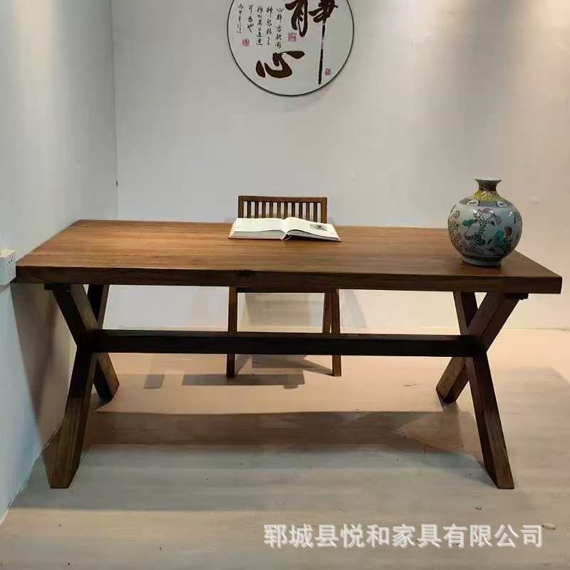 新中式老榆木餐桌椅组合实木酒馆复古长条桌民宿做旧喝茶桌学习桌
