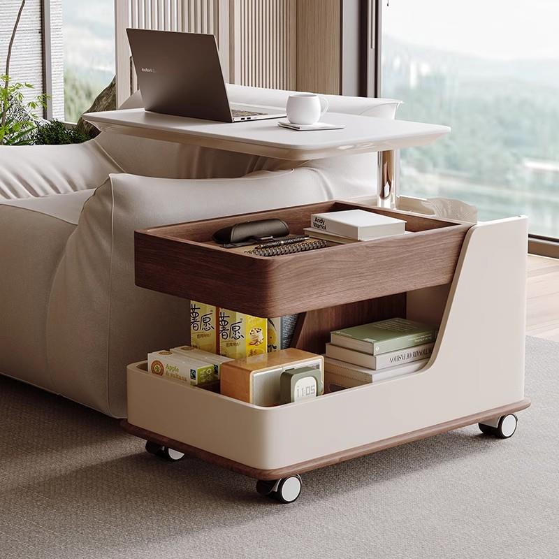 可移动实木边几小户型客厅中古风多功能升降茶几带滑轮小推车柜子