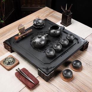 家用整套现代排水简约实木茶台 整块乌金石茶盘紫砂壶功夫茶具套装