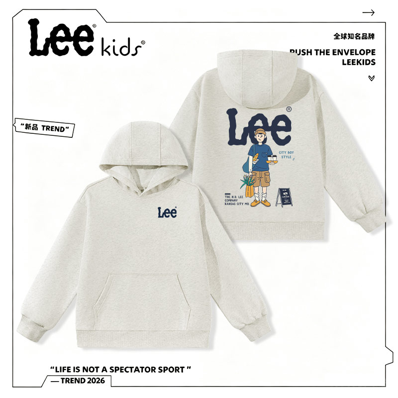 LeeKids童装儿童卫衣男童秋季灰色连帽衫中大童春秋款宽松套头衫