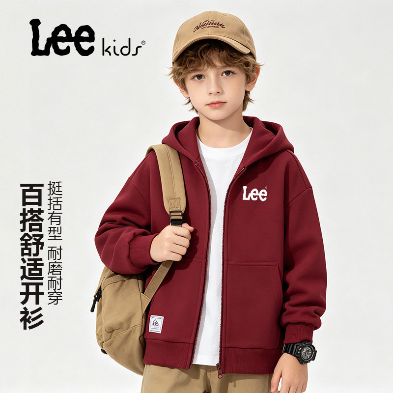 LeeKids童装男童秋季外套2026新款儿童红色复古连帽衫儿童运动服图片