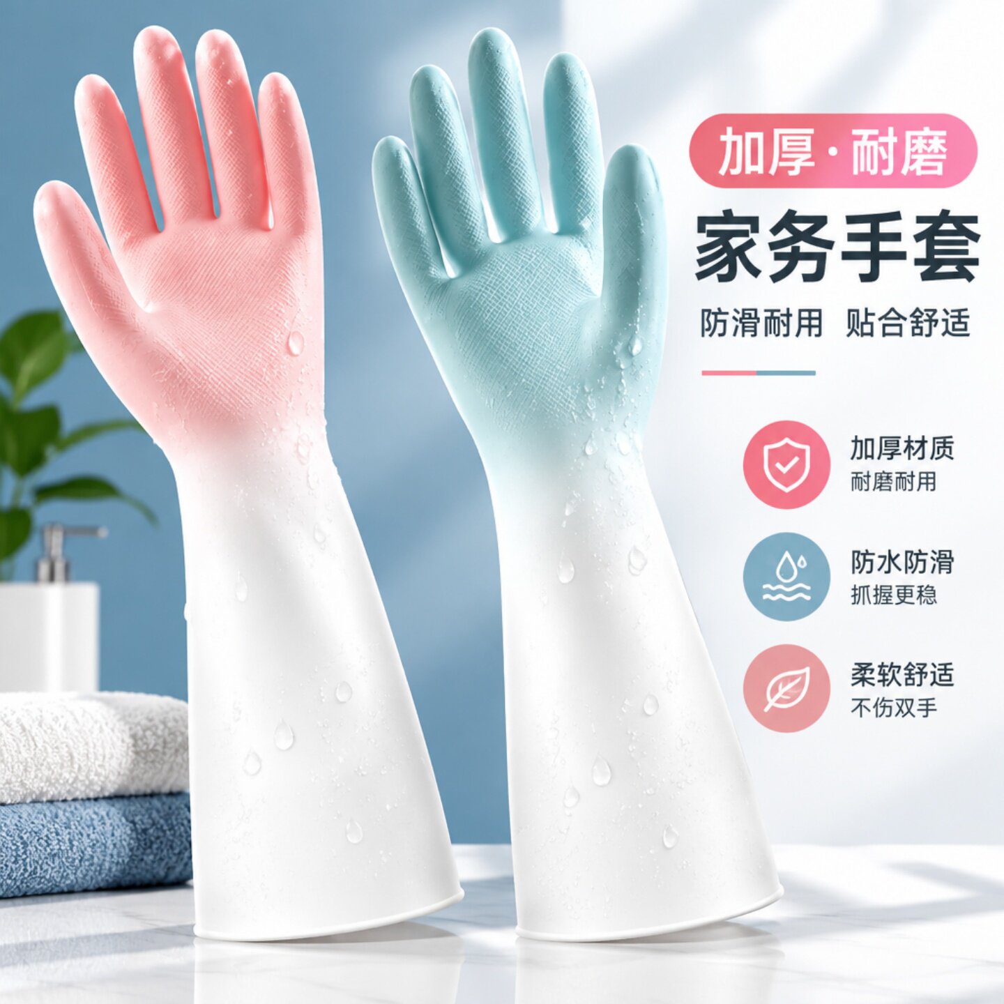 耐用贴手防水防滑橡胶洗碗手套