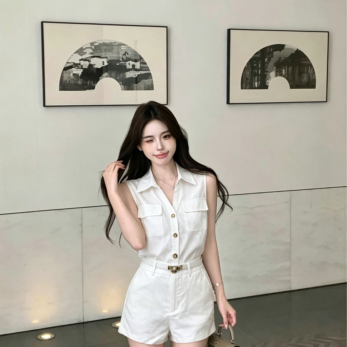 MEI ZI 美姿-级感气质老钱风无袖衬衫上衣小衫+短裤套装(配腰带)