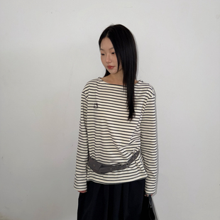 BEFORE SUNSET 日落/周末-26春上新绣花喵条纹船领T恤上衣长袖T恤