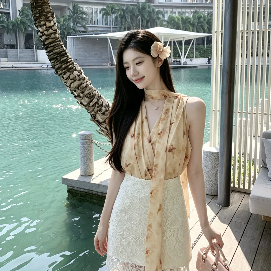 MEI ZI 美姿-小衫背心+蕾丝半裙两件套套装(含安全裤,飘带不可拆)