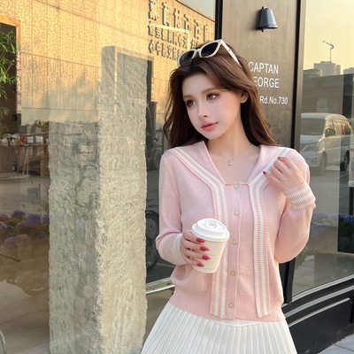 怡熙-美少女系韩系甜美少女百搭海军领系带条纹毛织上衣保暖毛衣