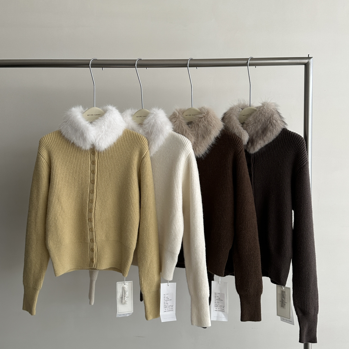 BEFORE SUNSET 日落-2025冬上新配毛领坑条纹理单排扣毛衣毛衣