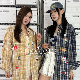 配胸针 2025年秋季 卡通KT蝴蝶结格纹衬衫 上新新品 宽松休闲美式