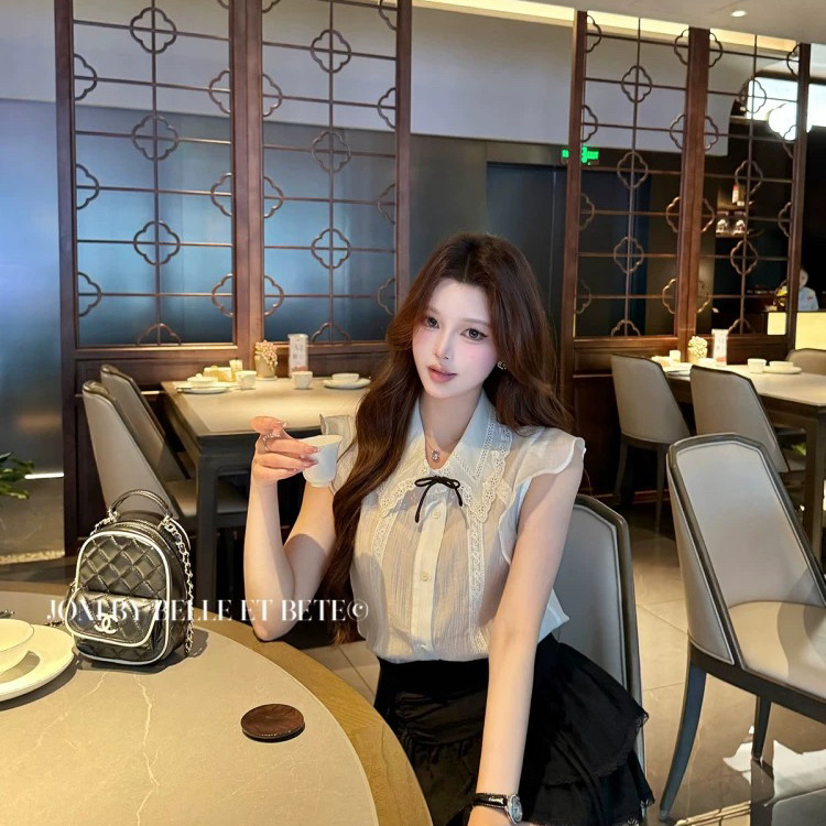 MEI ZI 美姿-千金风减龄少女小飞袖衬衫上衣+蛋糕裙套装(配胸针)