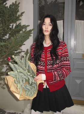 NEIHE-复古提花红色圣诞羊毛衣女冬季257509保暖毛衣（含100羊毛