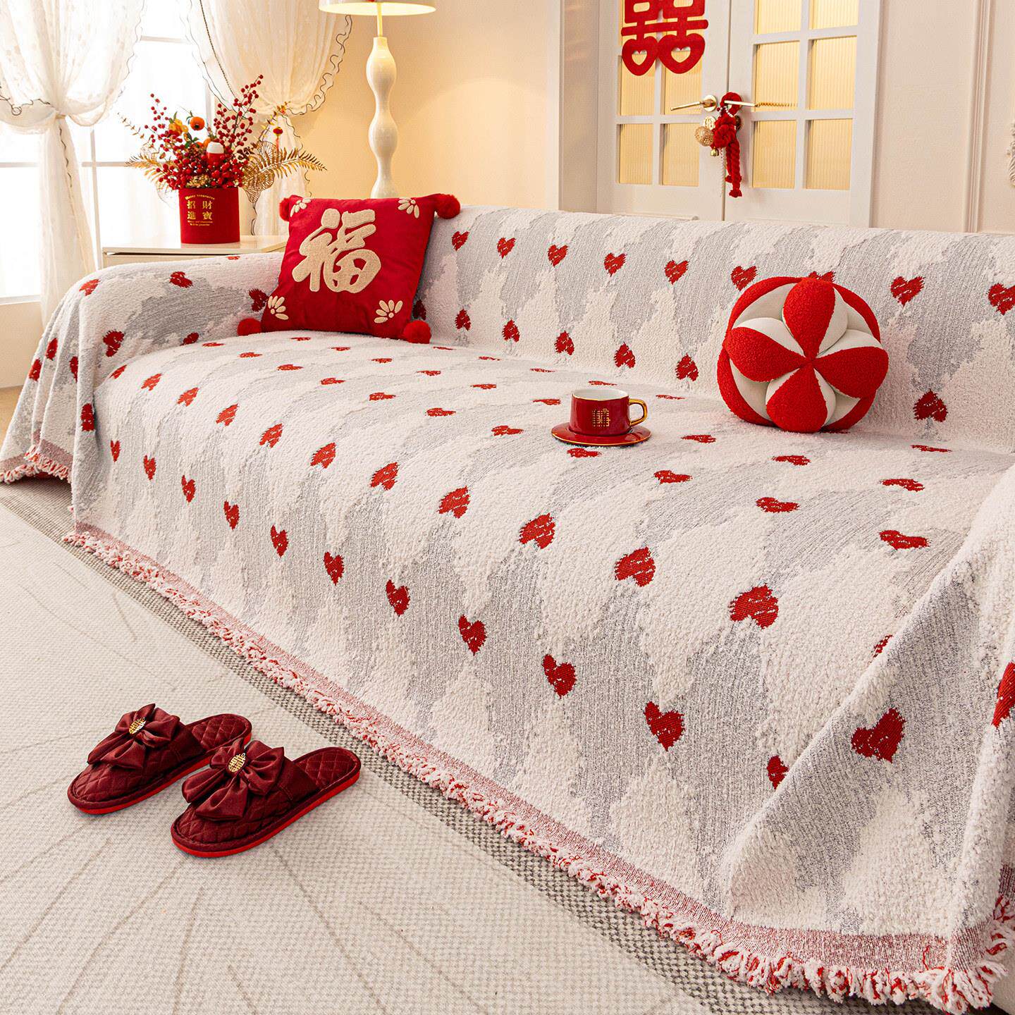 红色轻奢加厚半边绒防猫抓沙发垫四季通用2025新款高级感防滑盖布