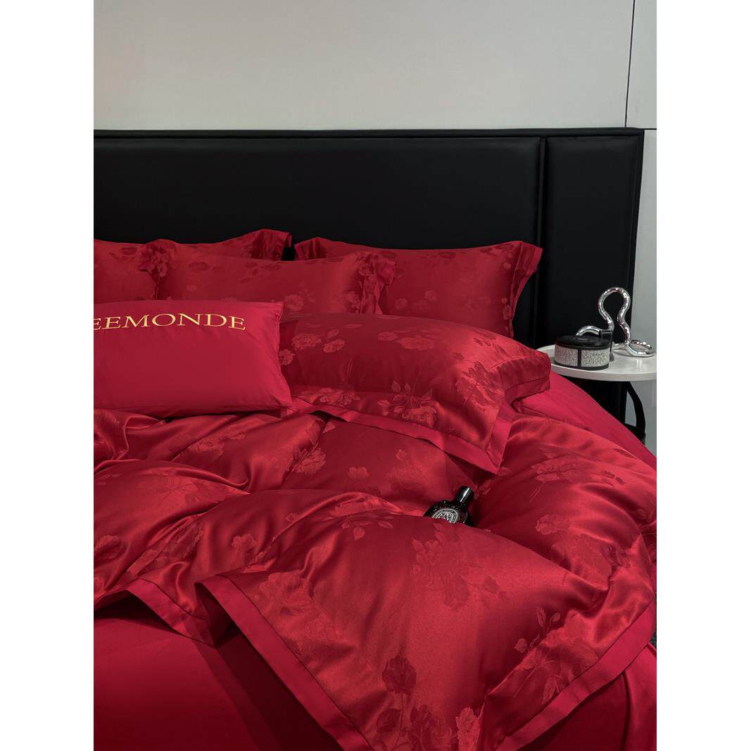 A类高支轻奢水洗棉备婚四件套大红色婚庆提花被套新婚房婚嫁床品