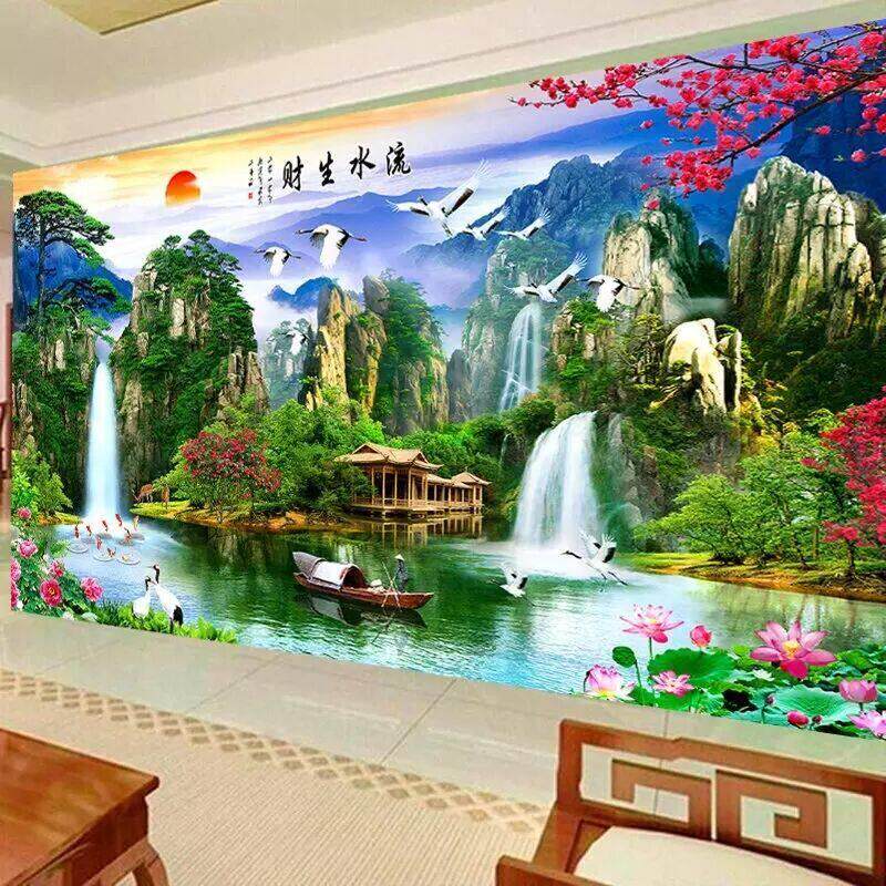 自绣十字绣2025新线绣客厅流水财富风光山水画全绣大型迎宾松