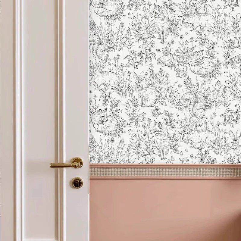 法式卧室背景墙纸素描兔子覆古壁纸北欧女孩儿童房墙布民宿定制壁