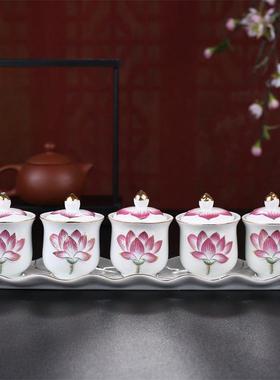 陶瓷圣水杯五联供供水杯供佛杯家用佛前供奉莲花供杯敬佛杯