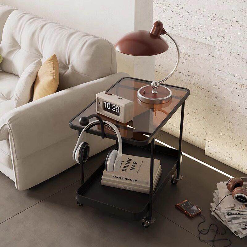 意式简约小推车客厅双层置物架可移动轻奢高级感沙发边几玻璃茶几