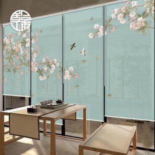 卷帘荷花窗帘茶室玄关隔断装 中式 饰帘升降客厅遮光遮阳帘定制电动