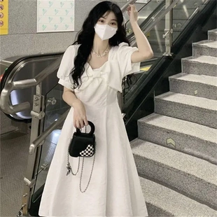 法式 a字裙 甜美初恋裙蝴蝶结方领收腰显瘦连衣裙女韩版 中长款