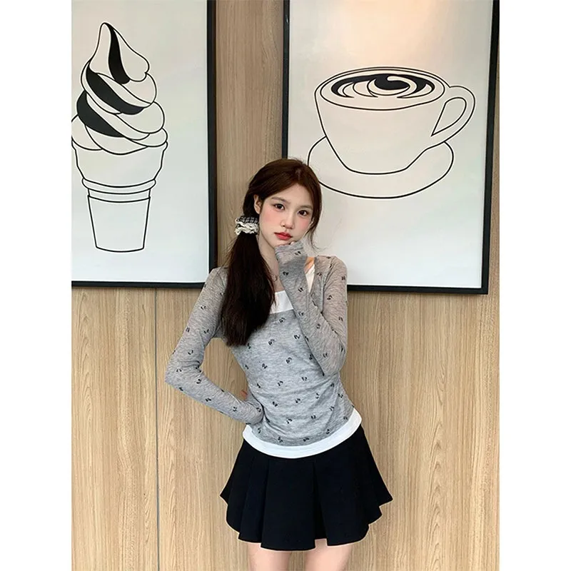 韩系甜辣妹蝴蝶假两件长袖t恤女秋冬2025新款设计感小众别致上衣