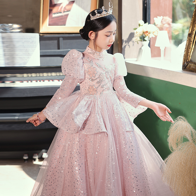 女童礼服公主裙长款高端粉色长袖花童儿童小主持人钢琴演奏演出服