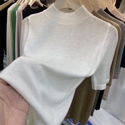 大码五分袖上衣女春秋洋气薄款半高领五分袖针织衫修身中袖打底衫