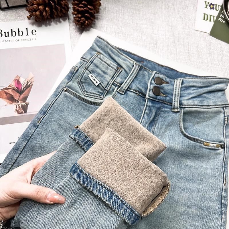 2024年秋冬季高腰加绒小脚牛仔裤女显瘦紧身浅蓝色小个子铅笔靴裤