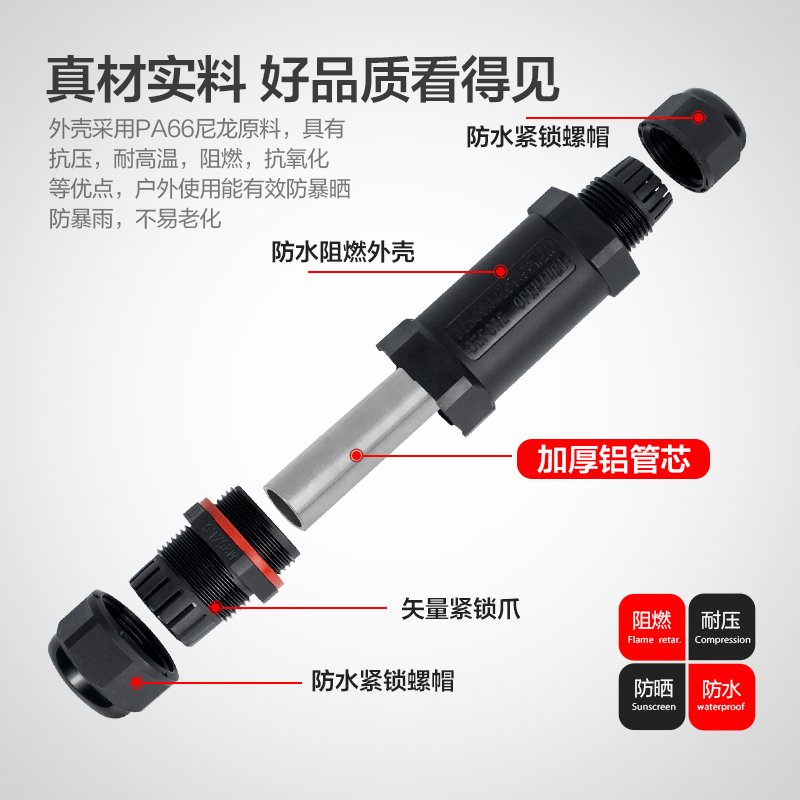 防水连接器电缆户外防雨欧式电线铝管冷压免焊公母对接头2直通M20