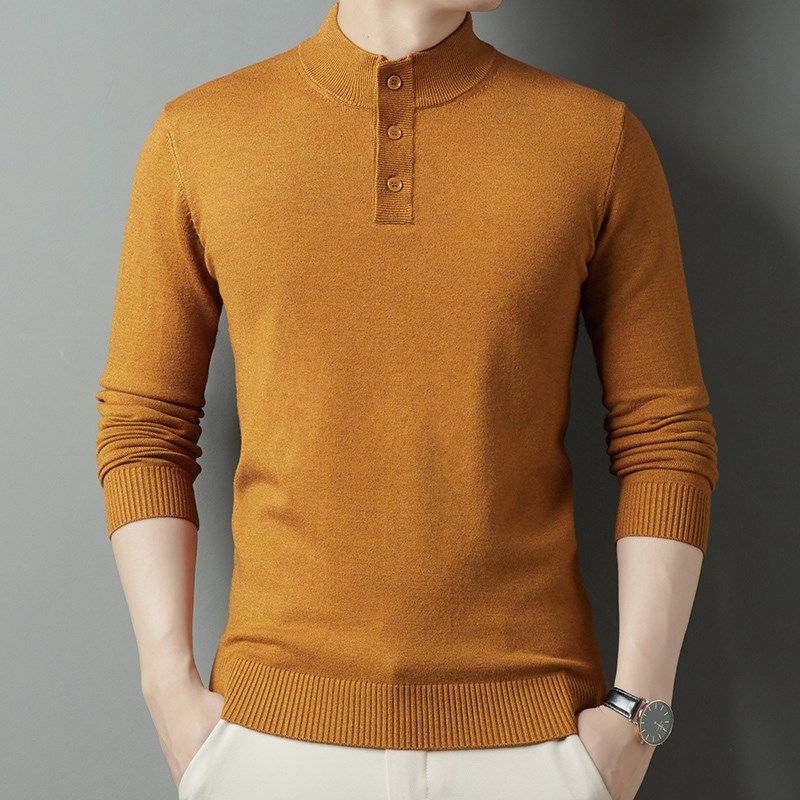 枣红色半高领毛衣男带扣子中领t恤长袖内搭针织衫爸爸秋冬装上衣
