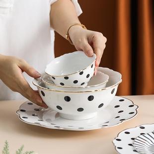 家用陶瓷碗碟盘西餐盘鱼盘 轻奢乔迁碗具盘子黑白波点餐具ins欧式