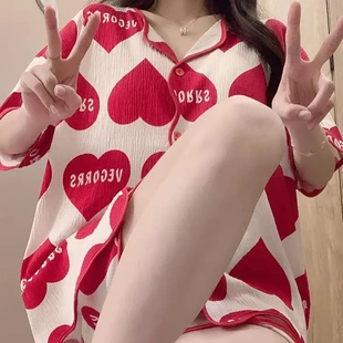 甜美可爱休闲家居服 in风夏季 v领开衫 带可拆卸胸垫睡衣女短袖 短裤