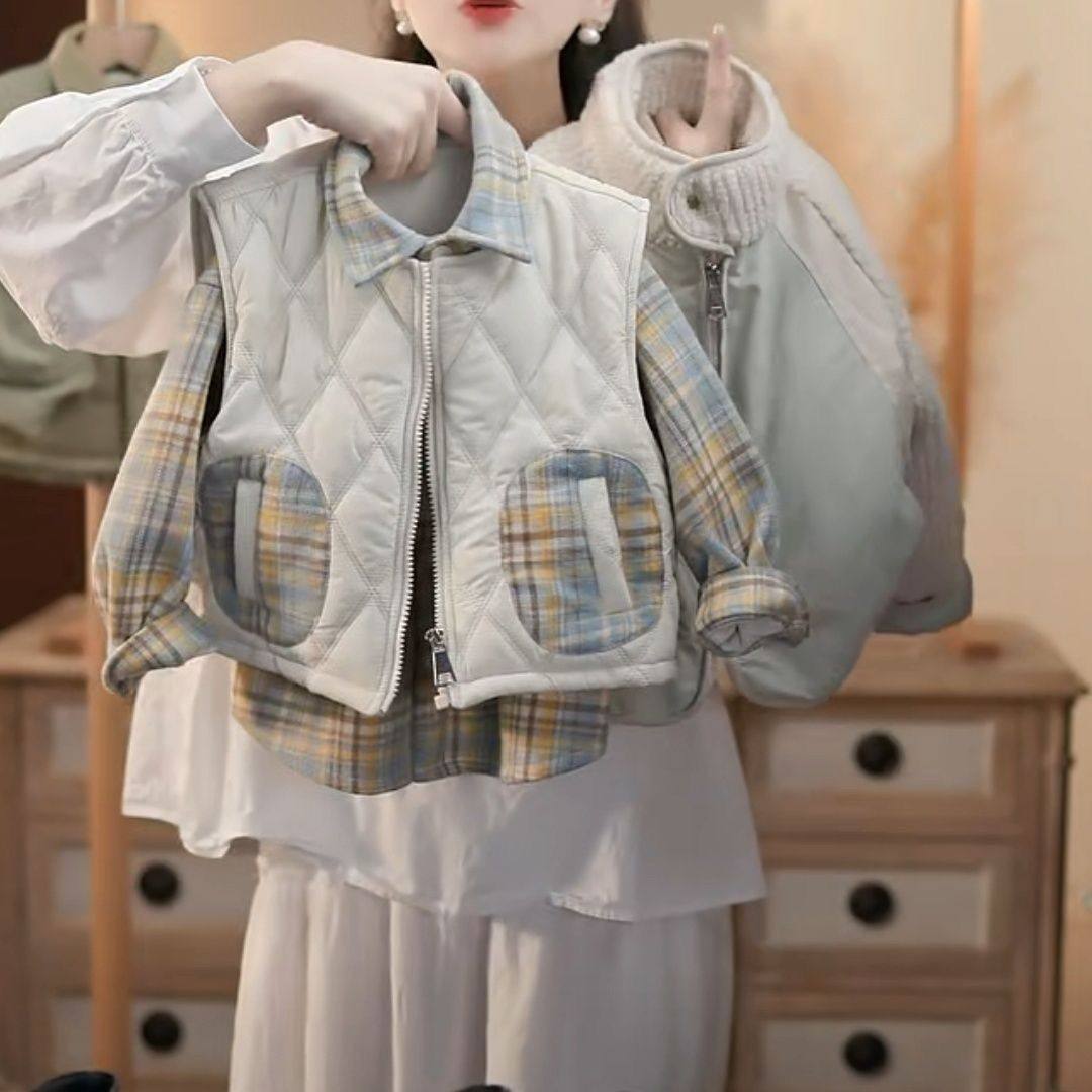 男女童夹棉马甲加绒衬衫秋冬季新款加绒格纹衬衫设计感韩版两件套