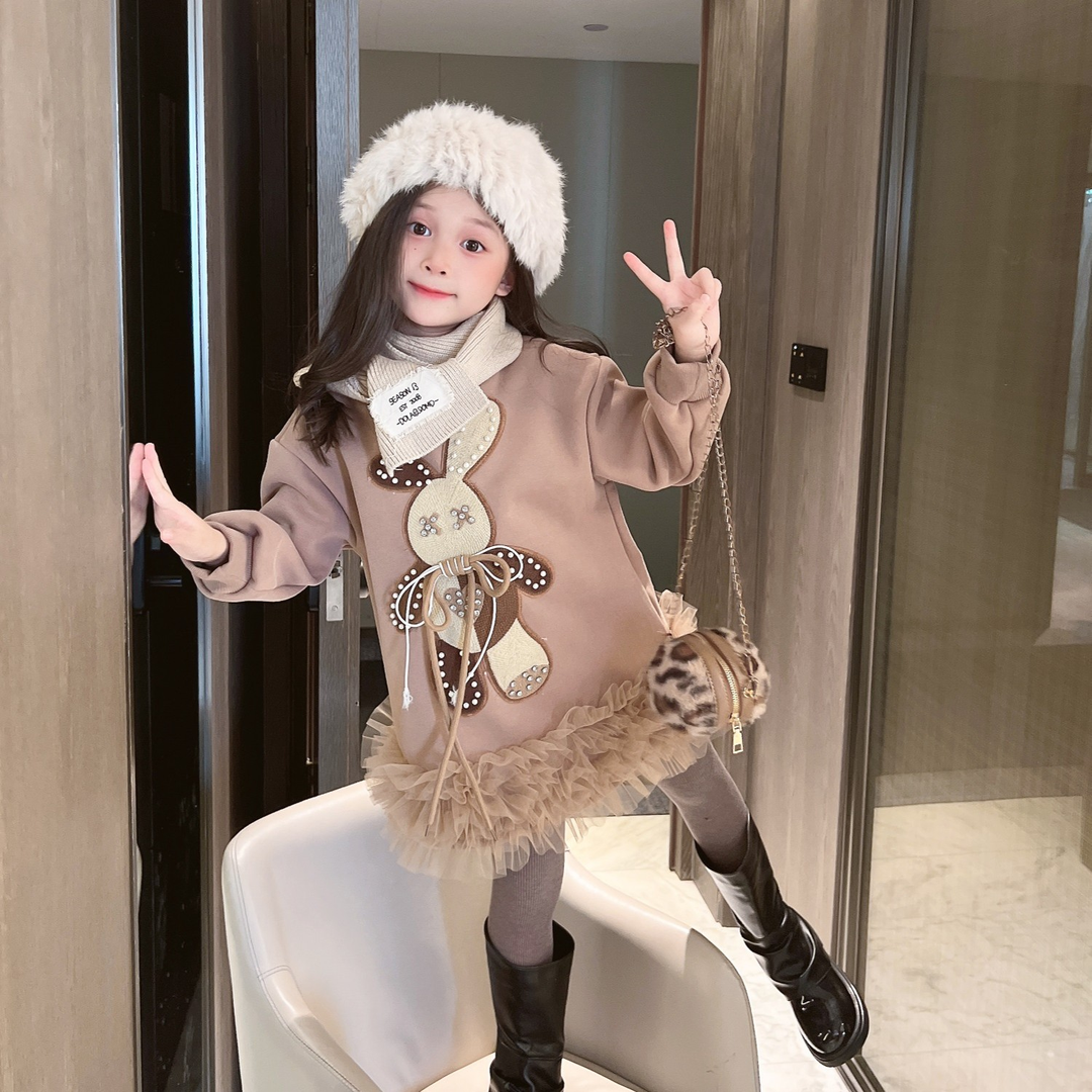 女童加绒卫衣裙秋冬季2024新款加厚洋气一体绒公主风女孩连衣裙