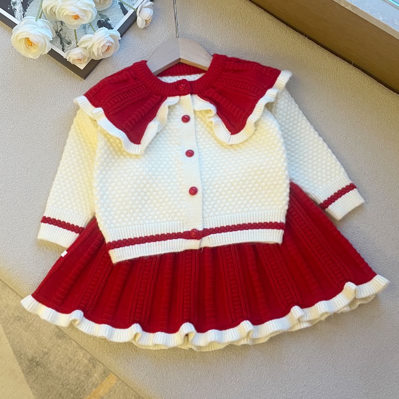 童装儿童外套毛衣套装女童针织衫外穿女孩翻领毛线衣女宝宝两件套