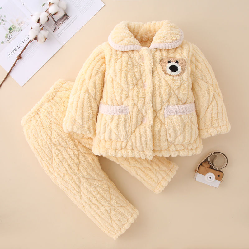 儿童睡衣冬季加厚款三层夹棉男童法兰绒套装小童女童珊瑚绒家居服