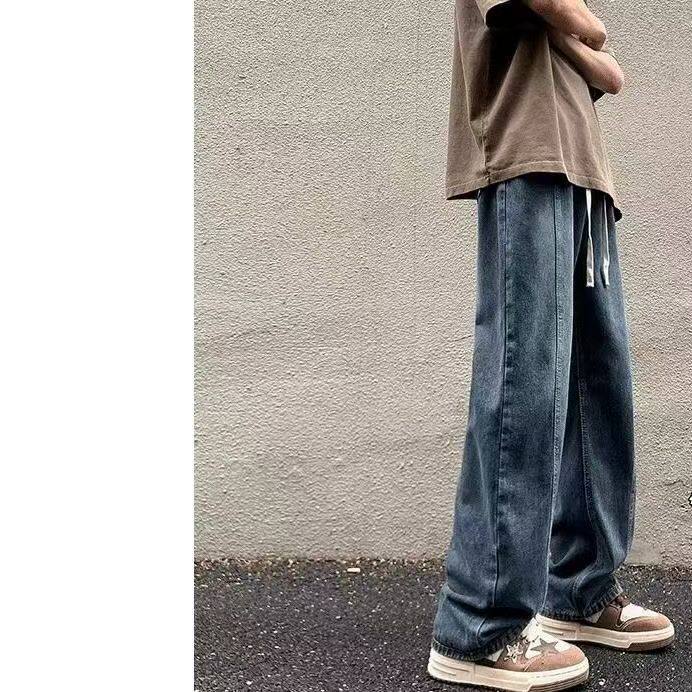 美式街头复古抽绳牛仔裤男春秋季宽松直筒高街vibe潮牌阔腿休闲裤