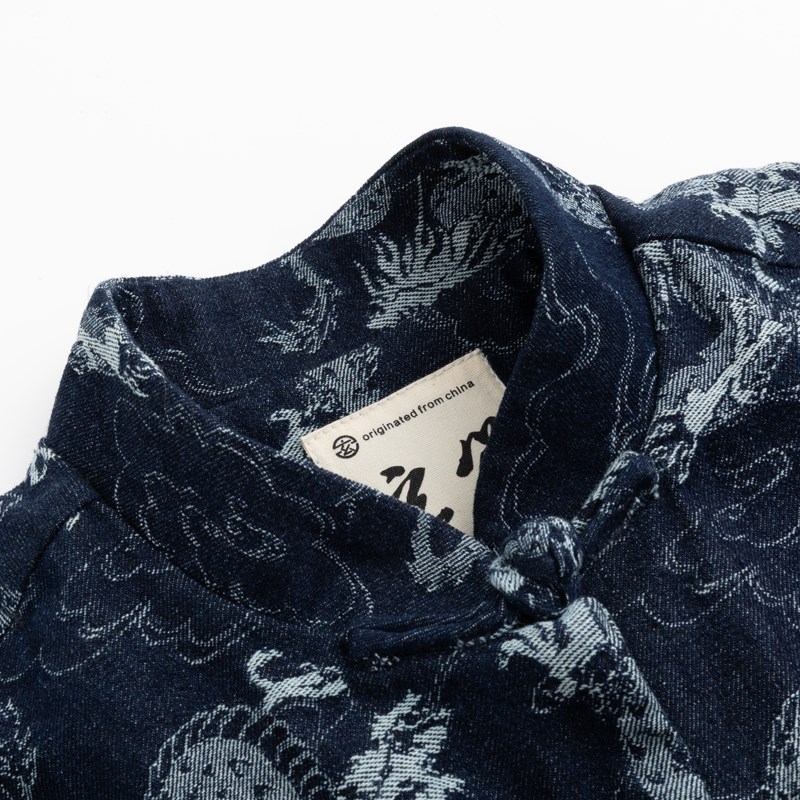 春季唐装男中式改良手工盘扣牛仔外套复古宽松龙纹提花中国风上衣