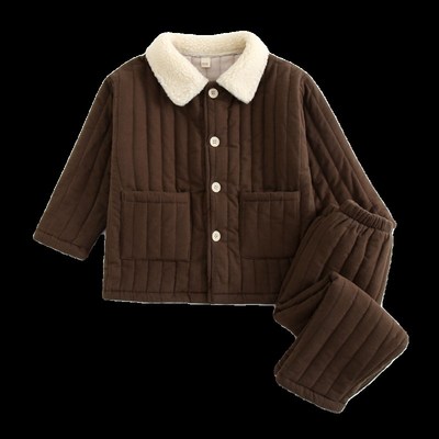 冬季男孩男童可外穿加绒加厚保暖三层夹棉家居服套装儿童睡衣