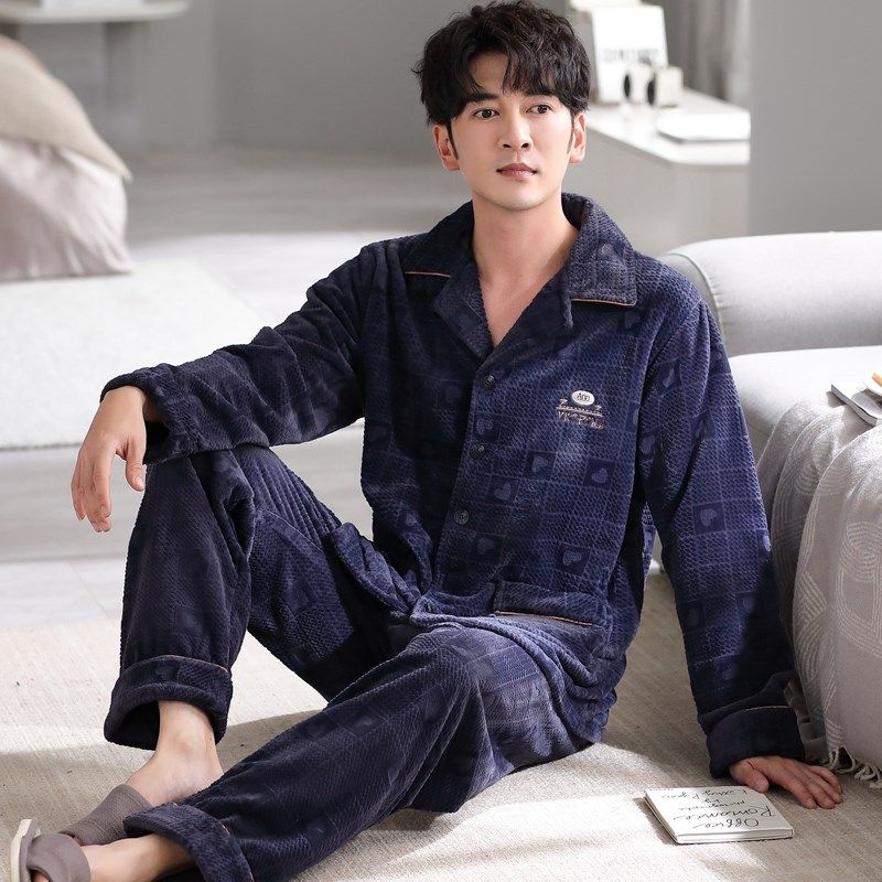 睡衣男秋冬法兰绒加厚保暖宽松简约冬季加绒珊瑚绒家居服开衫套装