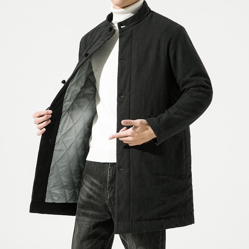 男士加棉加厚中山装外套秋冬季中长款亚麻棉衣中国风大码唐装棉服